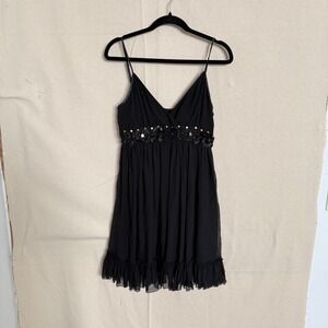 Silk Chiffon Embellished Empire Waist Mini Dress Black Small Heart Studs Floral